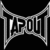Silver metallic 'TAPOUT' text in stylized gothic font with sharp angular edges, repeated three times against black background.