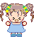 Pixelated doll avatar with twin braided buns, green and yellow flower accessories, light blue dress, and blue shoes, shown in three expressions.