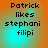 Pixelated text reads Patrick likes stephani filipi on an orange and cyan gradient background with a glowing effect.