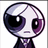 Pixelated character with large eyes and purple hair wearing a dark suit, shown in three where the head shifts slightly left to right
