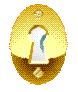 Animated sequence of a golden keyhole-shaped frame with blue and white elements shifting inside the cutout.