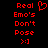 Red pixelated text and symbols on black background, with heart symbol above 'Real' and smiley face below 'Pose'.