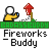 Animated contact sheet showing 15 sequential frames of a pixel art fireworks buddy icon with stick figure character and firework effects.