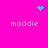 A bright pink background displays four instances of the text 'maddie' in light pink pixelated font, with cyan heart and starburst icons positioned above.