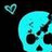 Pixelated cyan skull with dark eye sockets and nasal cavity against black background, accompanied by smaller cyan heart shape in upper left.