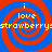 Four identical spiral patterns with red and blue concentric circles, yellow text reading 'i love strawberry' across the center on a solid blue background.