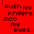 Red background with black and white pixelated text repeating 'PUSH my fingers into my eyes.' and 'its the only thing that slowly stops the ache.' in a pattern