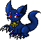 Blue pixelated creature with red eyes, yellow collar emblem, and white claws on gray background.