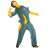 Pixelated figure in teal jumpsuit with yellow accents, arms outstretched, one hand raised in a gesture, standing against gray background.