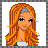 Pixel art buddy icon featuring a cartoon woman with long orange hair and pink text "Cute In Red" on blue background, displayed as two frames in contact sheet layout.