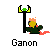 Pixel art animation of a green-hatted figure with white face holding a sword, interacting with a black pole with yellow horns and a yellow character with orange hair.