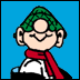 Four cartoon characters in a : Luigi with green hat and red scarf, dog-like character with brown nose, bearded man holding object, bald child with spiky hair