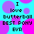Pixelated text on a cyan background with overlapping purple and pink circles, repeating 'I love butterball BEST PONY EVR' in two