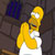 Pixelated yellow cartoon character with white eyes and red mouth, wearing white clothing, positioned against dark background with blue and brown elements.