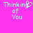 Pixelated text 'Thinking of You' on bright pink background with a heart symbol replacing the letter O in Thinking.