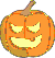 Two orange pumpkin faces with carved expressions, one glowing yellow and the other black, side-by-side on gray background.