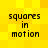 Yellow pixelated background with four identical text blocks reading 'squares in motion' arranged in a