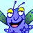 Pixelated blue insect-like creature with yellow eyes, green wings, and a wide open mouth showing pink tongue against light blue background.