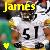Pixelated image of a person in white sports jersey with number 51, yellow text reading 'James' above, and small green pixel cluster at bottom left.
