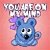 Pixelated blue ghost-like figure with purple hair bow, white eyes, black pupils, and open mouth on pink background with text above.