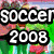 Pixelated image with bold text 'soccer' and '2008', green background, pink floral elements, and a central figure in motion.