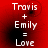 Red background with white text reading "Travis + Emily = Love" in four identical quadrants, each showing a black circular blur on the left side.