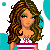Pixelated cartoon-style image of a woman with long brown hair and green eyes, wearing a white top with pink stripes, holding a pink handbag.