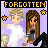 Pixel art contact sheet showing two frames of an animated buddy icon with characters and text, featuring a purple background and yellow "FORGOTTEN" title.