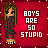 Pixel art contact sheet showing two frames of an animated buddy icon with a cartoon girl and text "BOYS ARE SO STUPID" on red background.