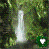 Animated waterfall scene with green foliage background and a heart symbol changing color at the bottom right.