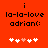 Red background with black text 'i la-la-love adrian:' and five white heart icons, one pink heart icon in the center.