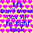 Pixelated text repeats across a heart-patterned background with blue text on yellow and purple hearts.