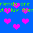 Blue background with repeating pink pixelated hearts and green text reading 'friends are friends are i luv them i luv them' in two horizontal bands.