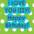 Green background with white polka dots and blue text reading 'I LOVE YOU IZZY! Happy Birthday!' next to a person in a dark jacket over a light shirt.