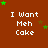 Brown background with repeated white text "I Want Meh Cake" and scattered green and brown stars.