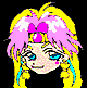 Pixelated cartoon character with pink hair, yellow highlights, and a pink bow, showing multiple facial expressions including open eyes, closed eyes, and a wink.