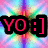 Three identical 'YO :] ' text icons in red, blue, and green with black outlines on a multicolored tie-dye background.