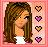 Pixelated image of a person with long brown hair wearing white, set against pink background with four heart icons on right.