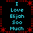 Static pixel art displays repeated text "I Love Elijah Soo Much" in cyan on black, framed by red dotted lines and asterisks.