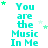 Cyan text "You are the Music In Me" repeated in a with scattered green and light green stars on white background