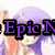 Pixelated image with purple text 'Epic N' on black blocks over a blurred background of pastel colors and indistinct shapes.