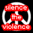 Two side-by-side pixelated images with black backgrounds, each featuring a white peace symbol overlaid by red rectangular text blocks containing the words silence the violence and increase the peace.