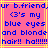Pixelated text on a pink background with yellow border reads 'ur b.frend. ur b.frend. <3's my blue eyes and blonde hair!! ha!!!!' in blue font.