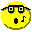 Yellow circular face with black glasses, mouth open in a circle, and musical notes changing position across frames.