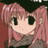 Pixelated anime-style character with pink hair and green eyes, wearing a dark green cap and gray scarf, next to black background with white text.