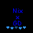 Blue pixelated text 'Nix' above a blue 'X', then 'GD', with five light-blue and one dark-blue star-like shapes below on black background.