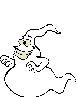 A white ghost-like character with a pointed hat and greenish face appears in multiple poses across a gray background, showing variations in arm position and facial expression.