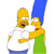 Two cartoon characters stand close together, one with yellow skin and blue pants holding a white object while the other has tall blue hair and green clothing.