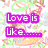 Pixelated text phrases in colored blocks over a patterned background with hearts and abstract shapes.