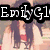 A pixelated image of a woman with long dark hair wearing a red top, hands clasped near her face in a contemplative pose. Text overlays read "EmilyGl" and "lyg103" at the bottom left.